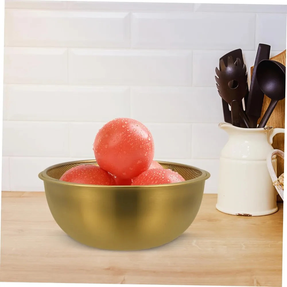 1 Set Stainless Steel Colander and Bowl Set Fine Mesh Strainer with Gold Bowl Compact Kitchen Drainage for Rinsing Fruits Veget