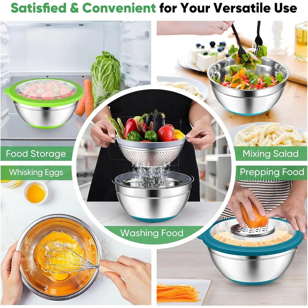 P&P CHEF Mixing Bowls with Lids Set of 3, Stainless Steel Mixing Bowl and Colander for Kitchen, 3 Grater Attachments & Non-Slip