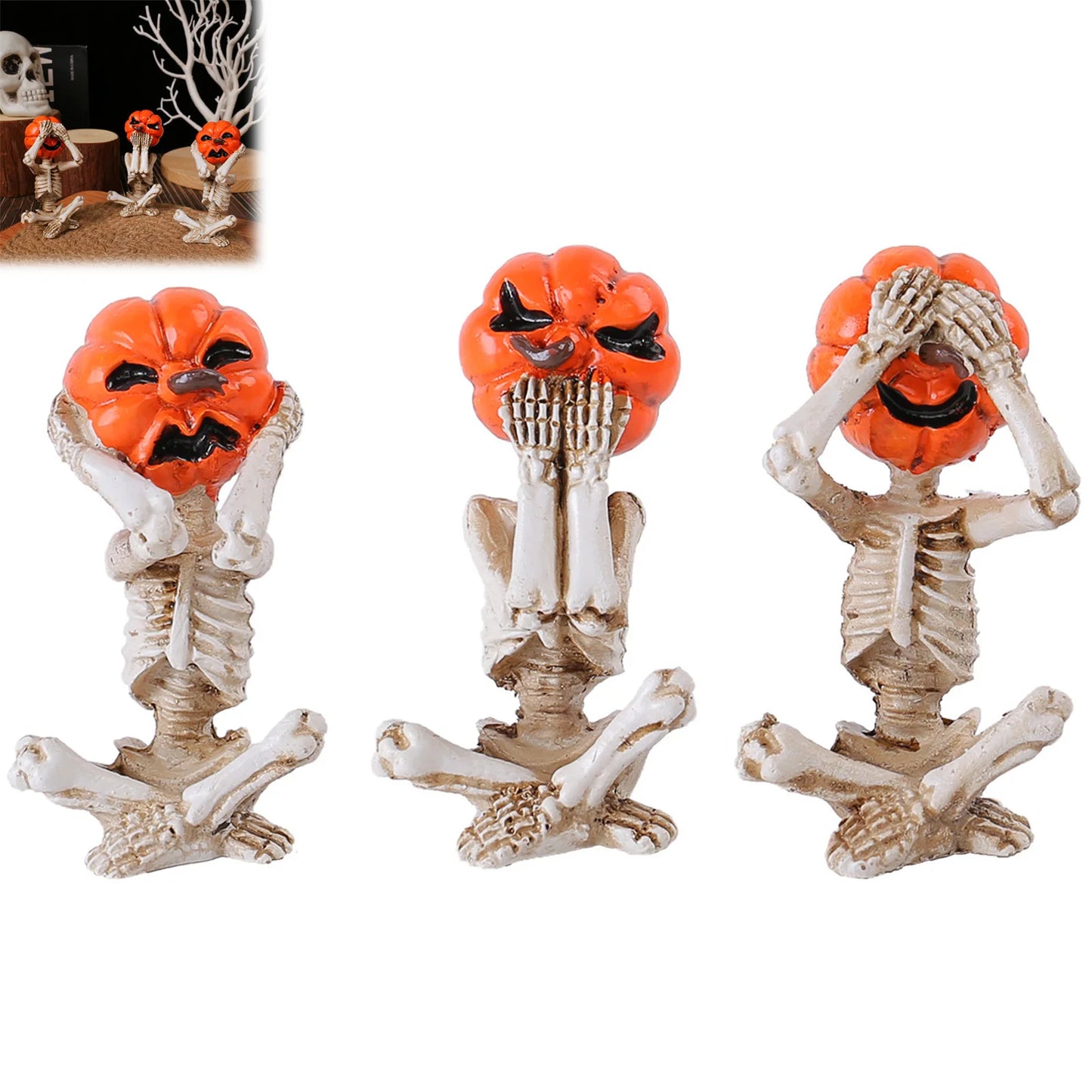 3pcs Halloween Pumpkin Skeleton Yoga Meditation Skull Decor Pumpkin Head Figurine for Home Desk Office Zen Decorations