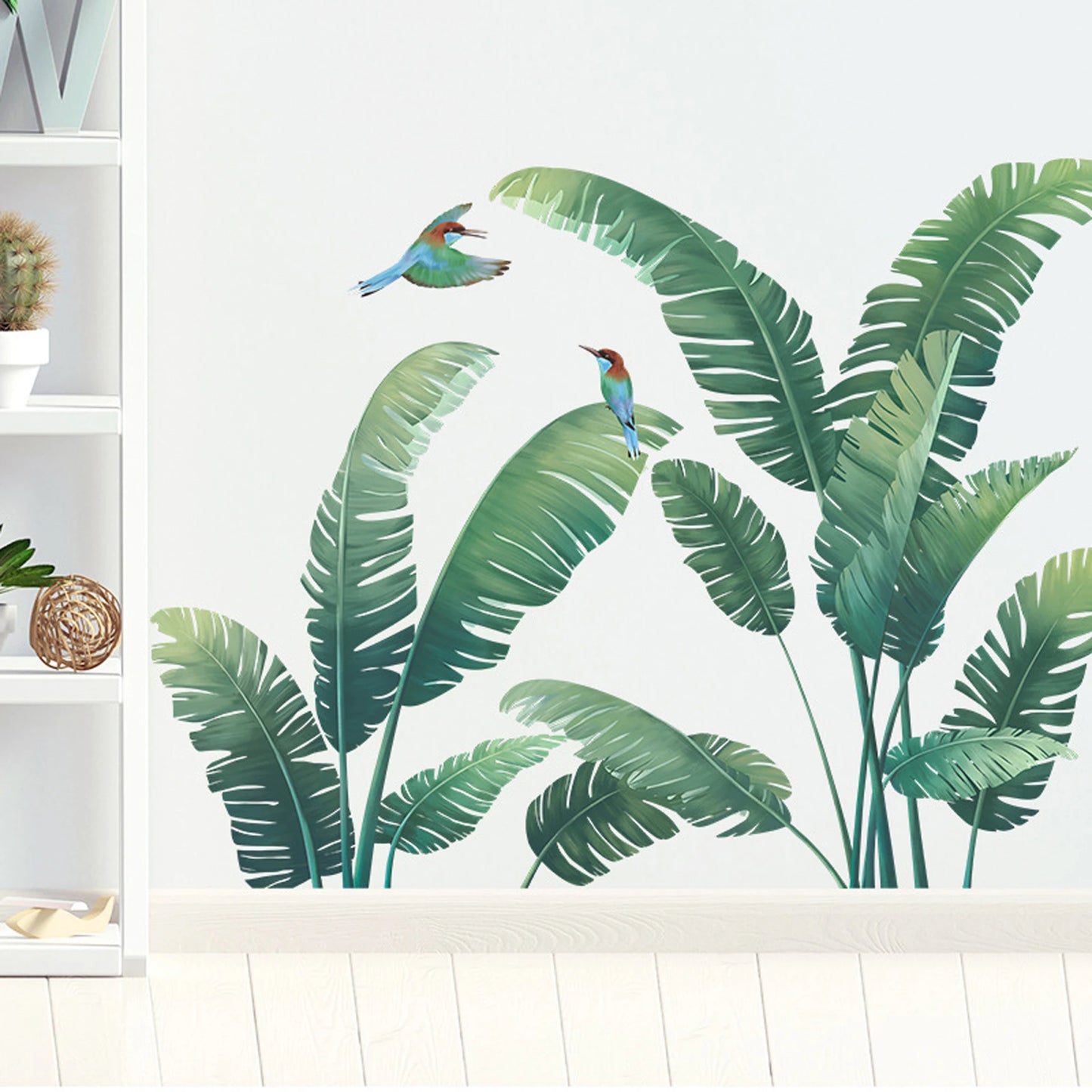Tropical Palm Leaf Wall Stickers Set of 2 Exotic Green Plant Decals for Living Room Bedroom Office Decor Removable Nature Art