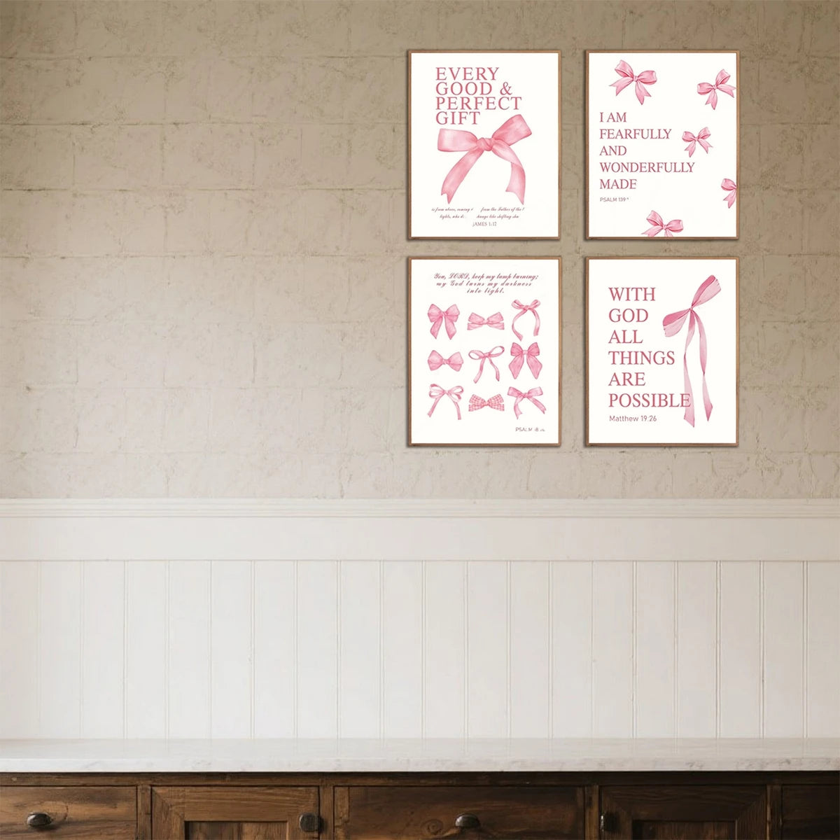 Set of 4 Elegant Bowknot Wall Art Pieces with Inspirational Quotes - Frameless Decor for Living Room Bedroom or Nursery