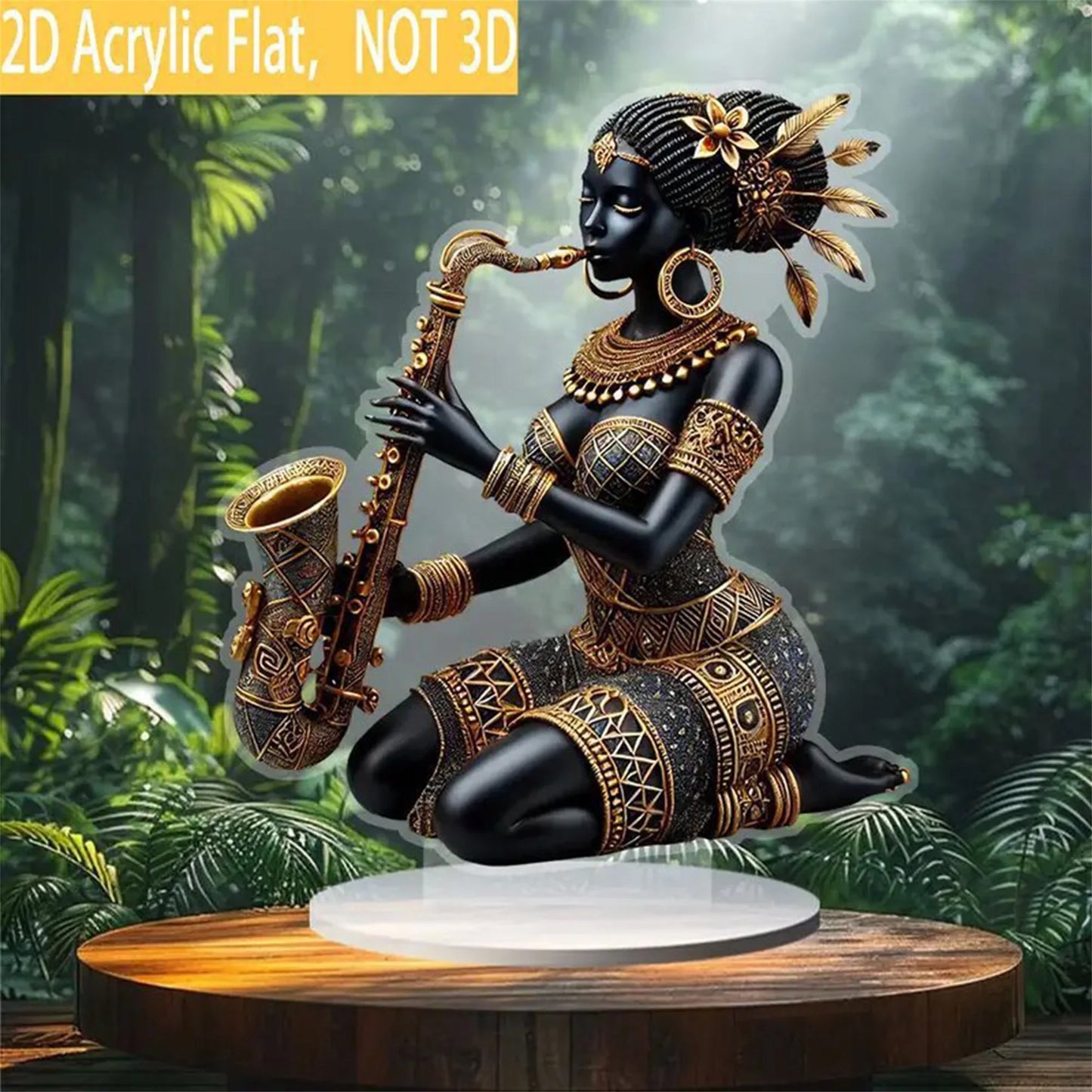 African Lady Figurine Sculpture with Saxophone Musical Instrument Handcrafted Tribal Art Statue for Home Office Decor and