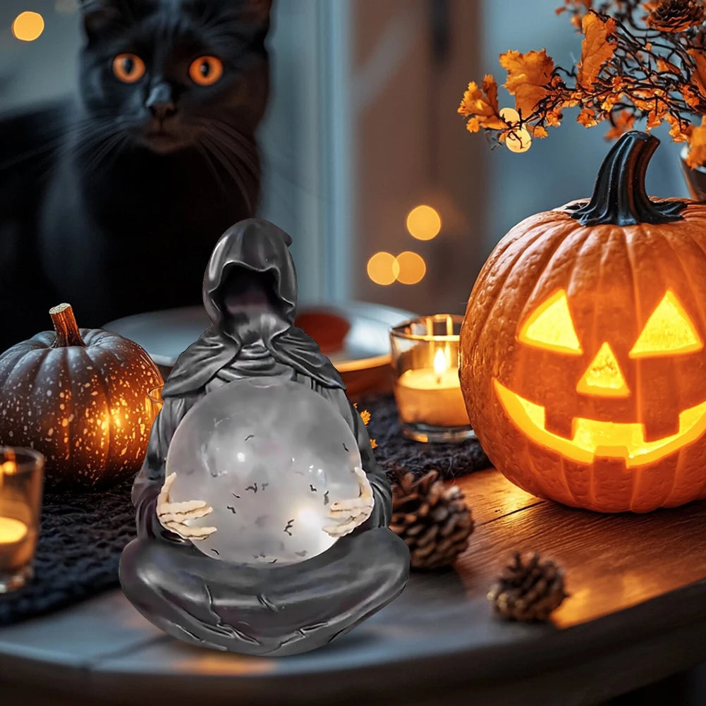Halloween Gothic Reaper Crystal Ball Grim Reaper Statue with Floating Bats Scary Magical Glowing Balls Home Atmosphere Decor