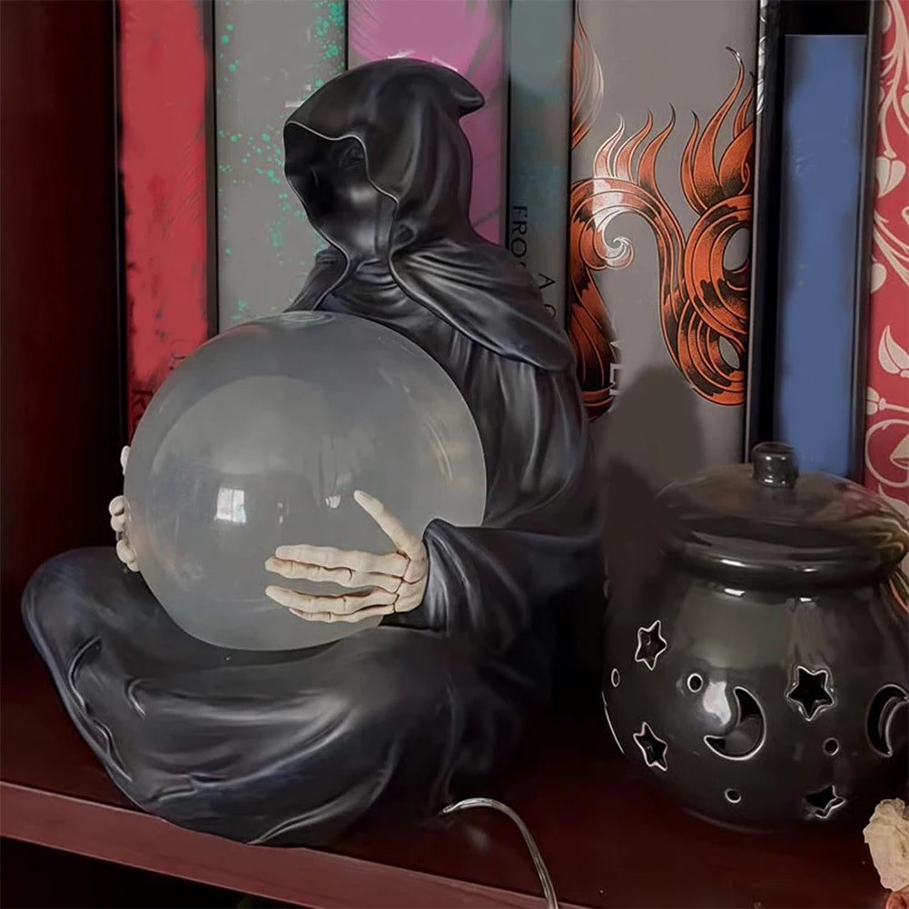 Halloween Gothic Reaper Crystal Ball Grim Reaper Statue with Floating Bats Scary Magical Glowing Balls Home Atmosphere Decor