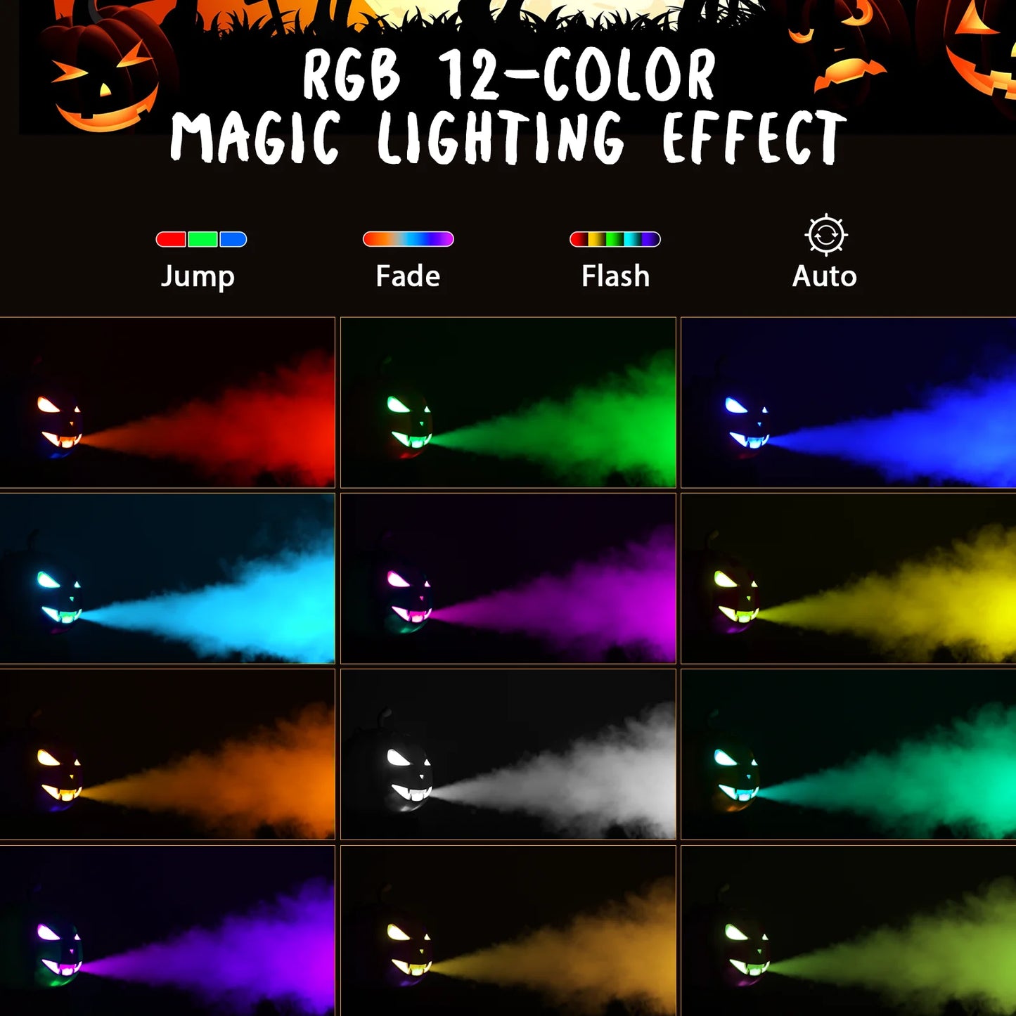 U'King 600W Pumpkin Fog Machine 12 Color RGB 6LED Lighting Effect Smoke Machine Remote for DJ Show Club Halloween Maker Fogger
