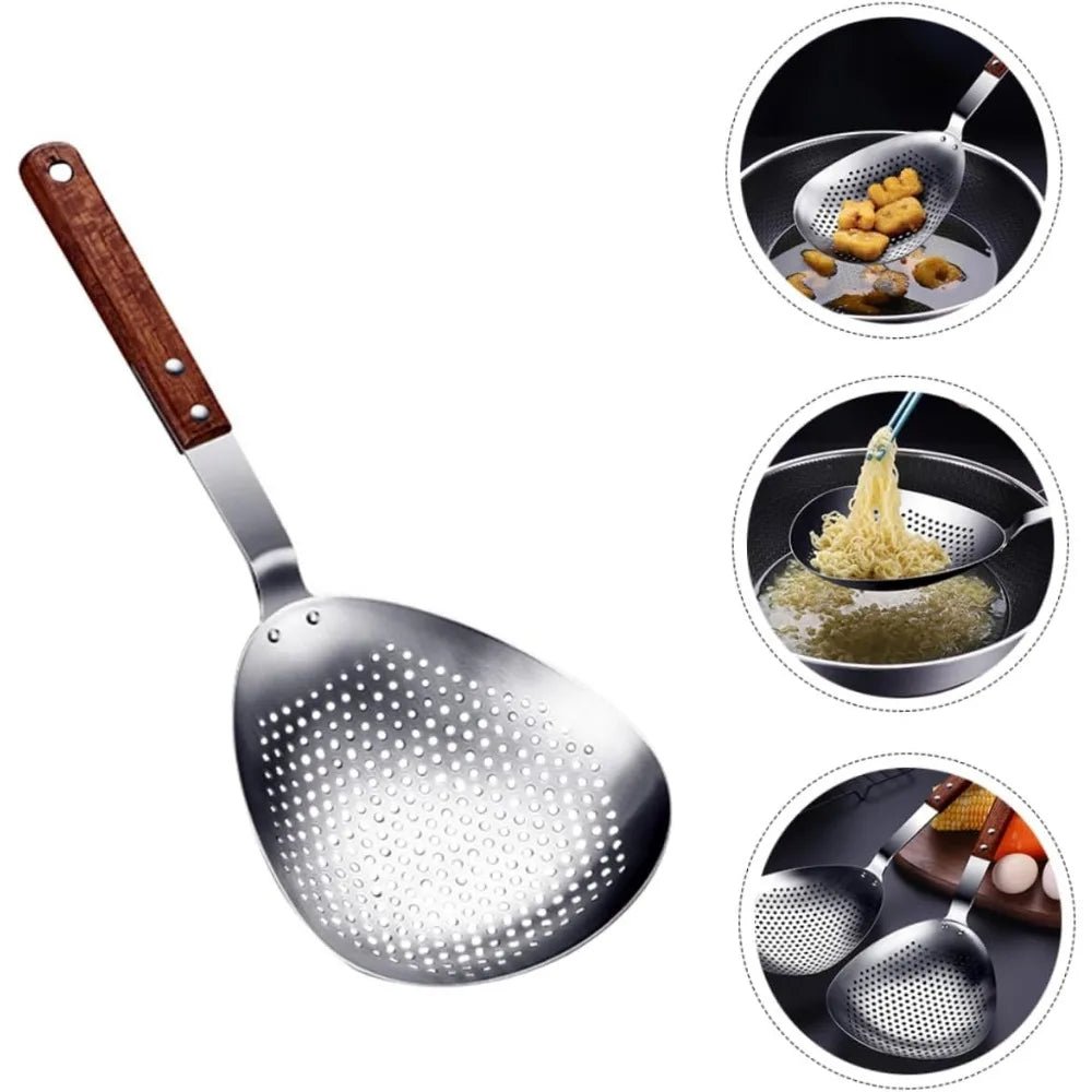 Stainless Steel Slotted Straining Colander Wooden Handle Kitchen Frying Strainer for Dumplings Pasta and Vegetables Sturdy Cook