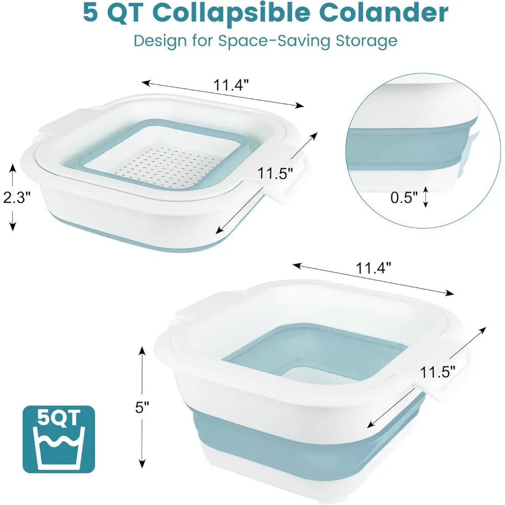 Collapsible Colander Set with Strainer Bowl, 2 in 1 Fruit Washing Basket with Strainer, 5 + 3 QT Plastic Colanders for Kitchen,