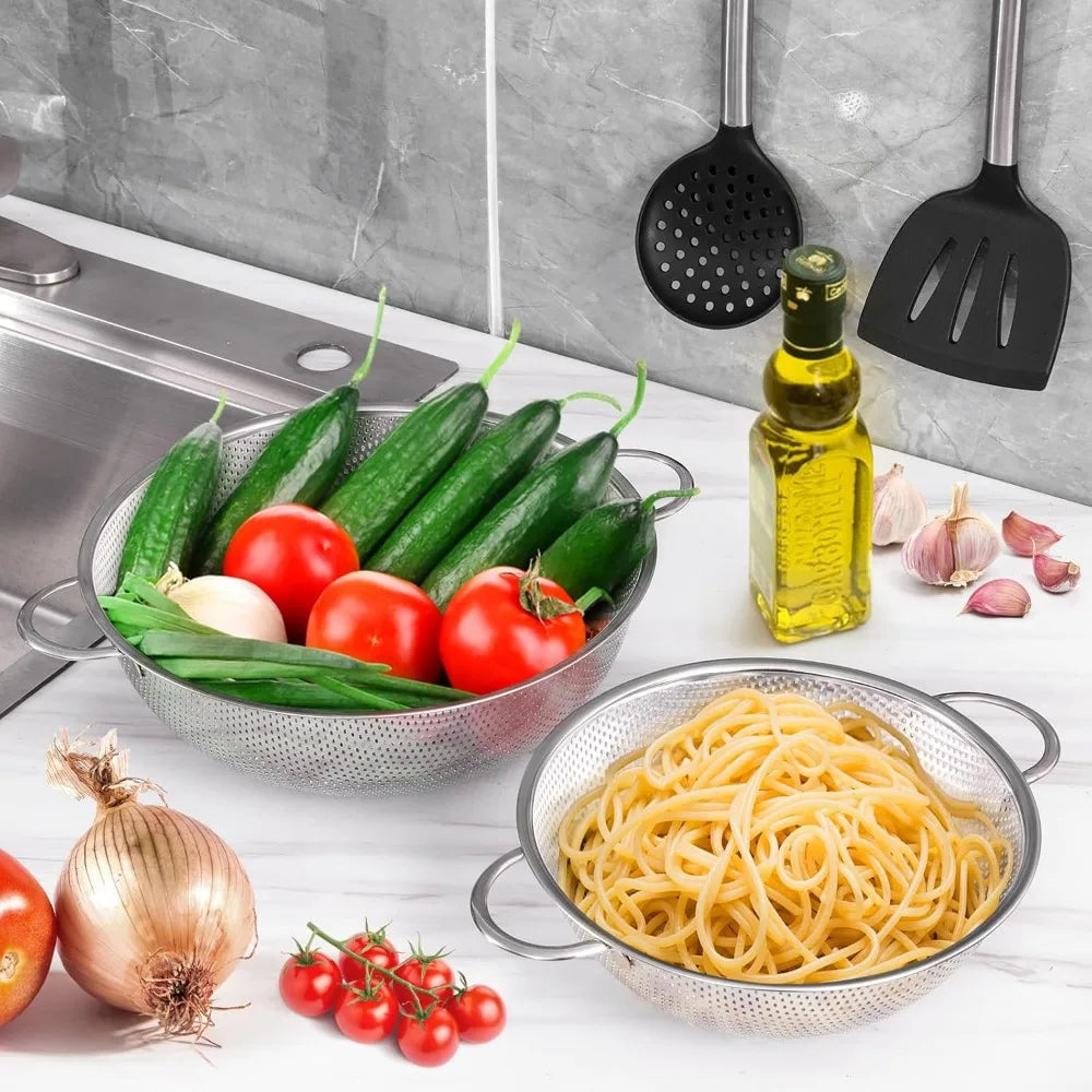 E-far Stainless Steel Colander, 3-Quart Micro-Perforated Metal Colander Strainer with Handle for Kitchen/Draining Pasta/Rinsing