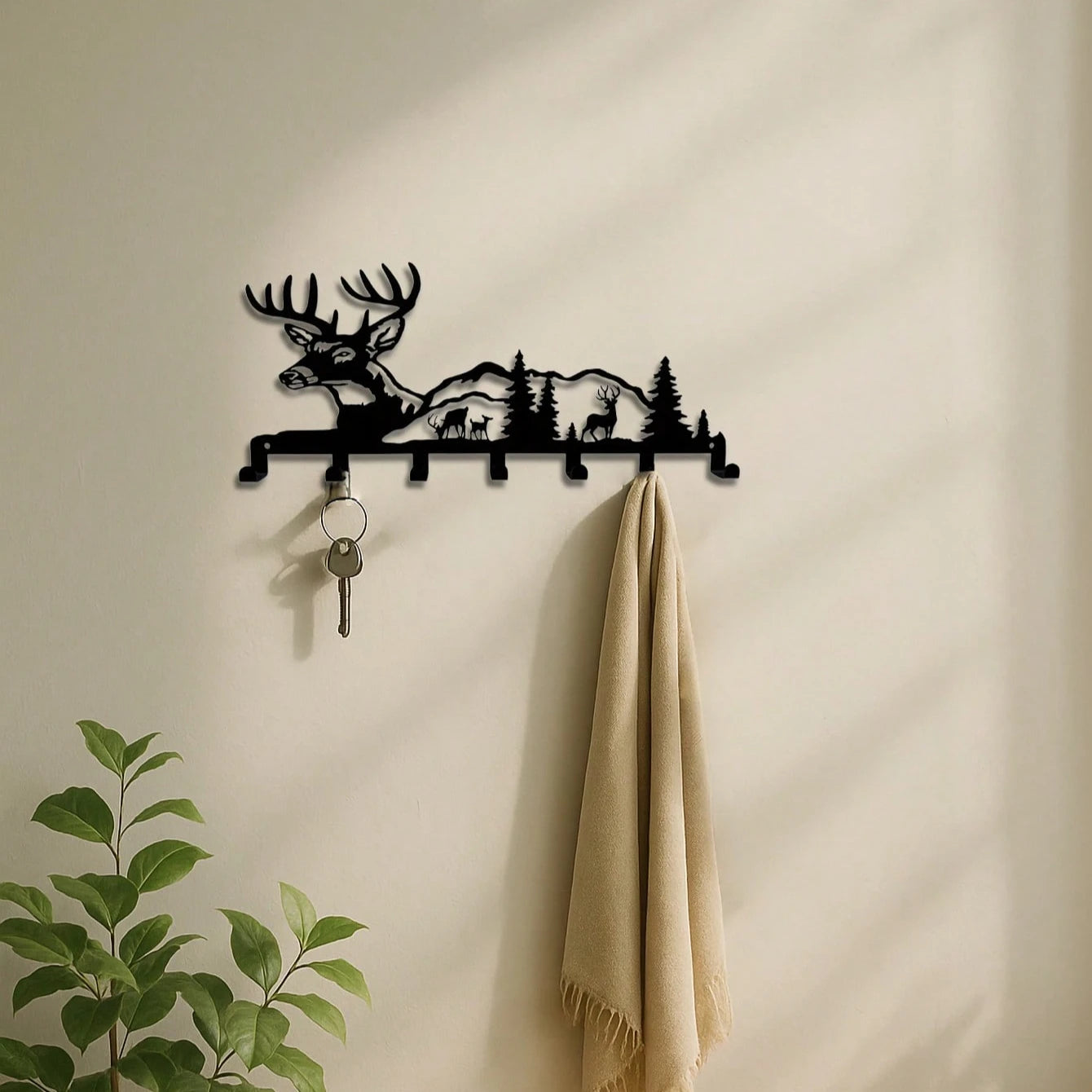 "Boho Deer & Forest Woodland Wall Key Holder – Rustic Entryway Organizer, Nature-Inspired Decor & Gift"