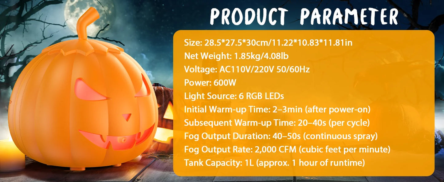 U'King 600W Pumpkin Fog Machine 12 Color RGB 6LED Lighting Effect Smoke Machine Remote for DJ Show Club Halloween Maker Fogger