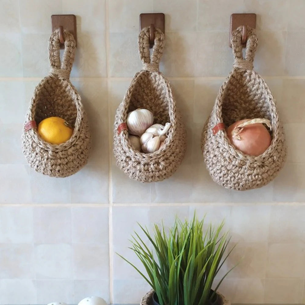 1PC Hanging Fruit Basket Boho Jute Hanging Organizing Baskets Handwoven Decorative Kitchen Fruit Vegetable Storage Baskets