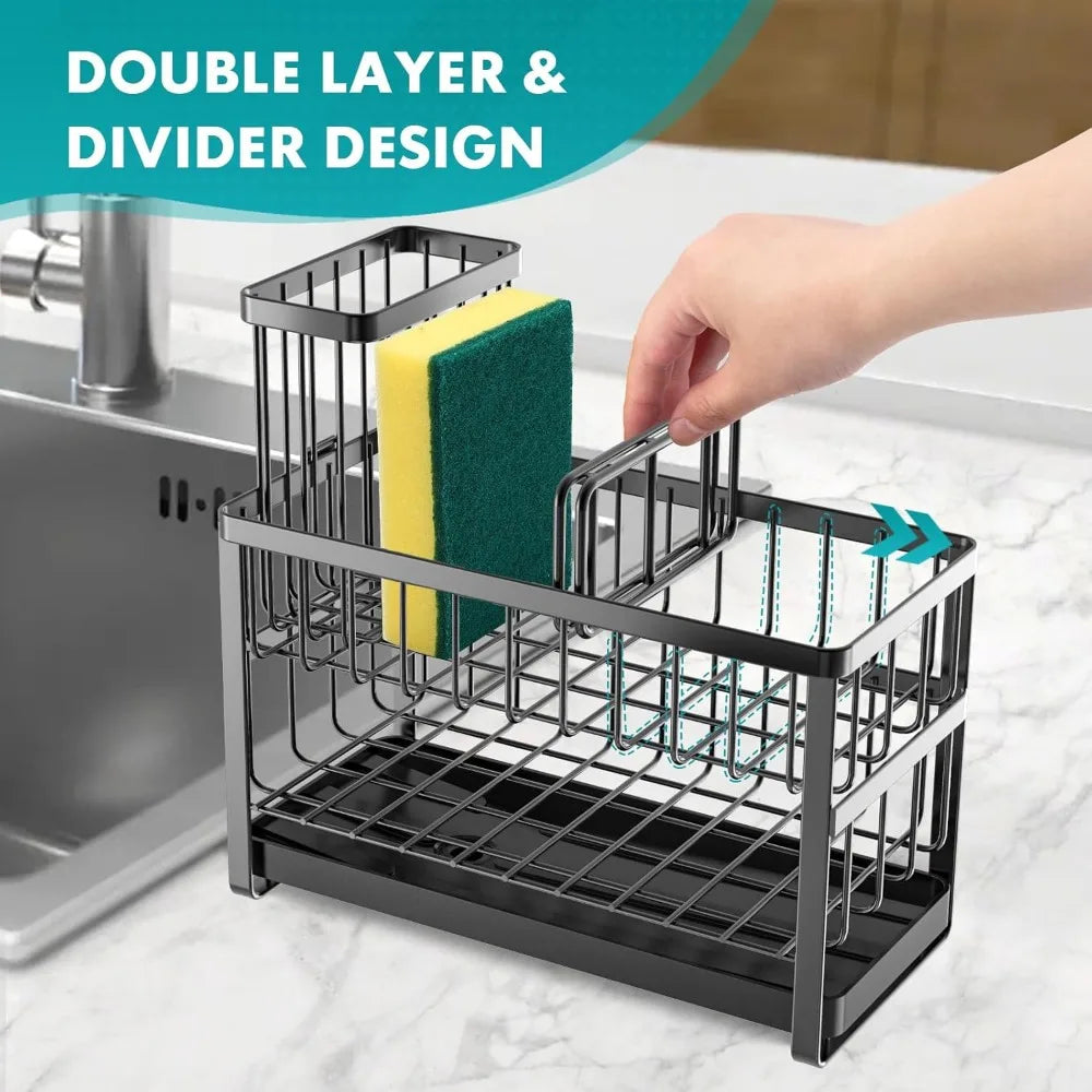 Sponge Holder for Kitchen Sink Organizer Caddy,2 Tier Dish Brush Scrubber Holder,Stainless Steel Sink Box Utensil Holder,Soap D