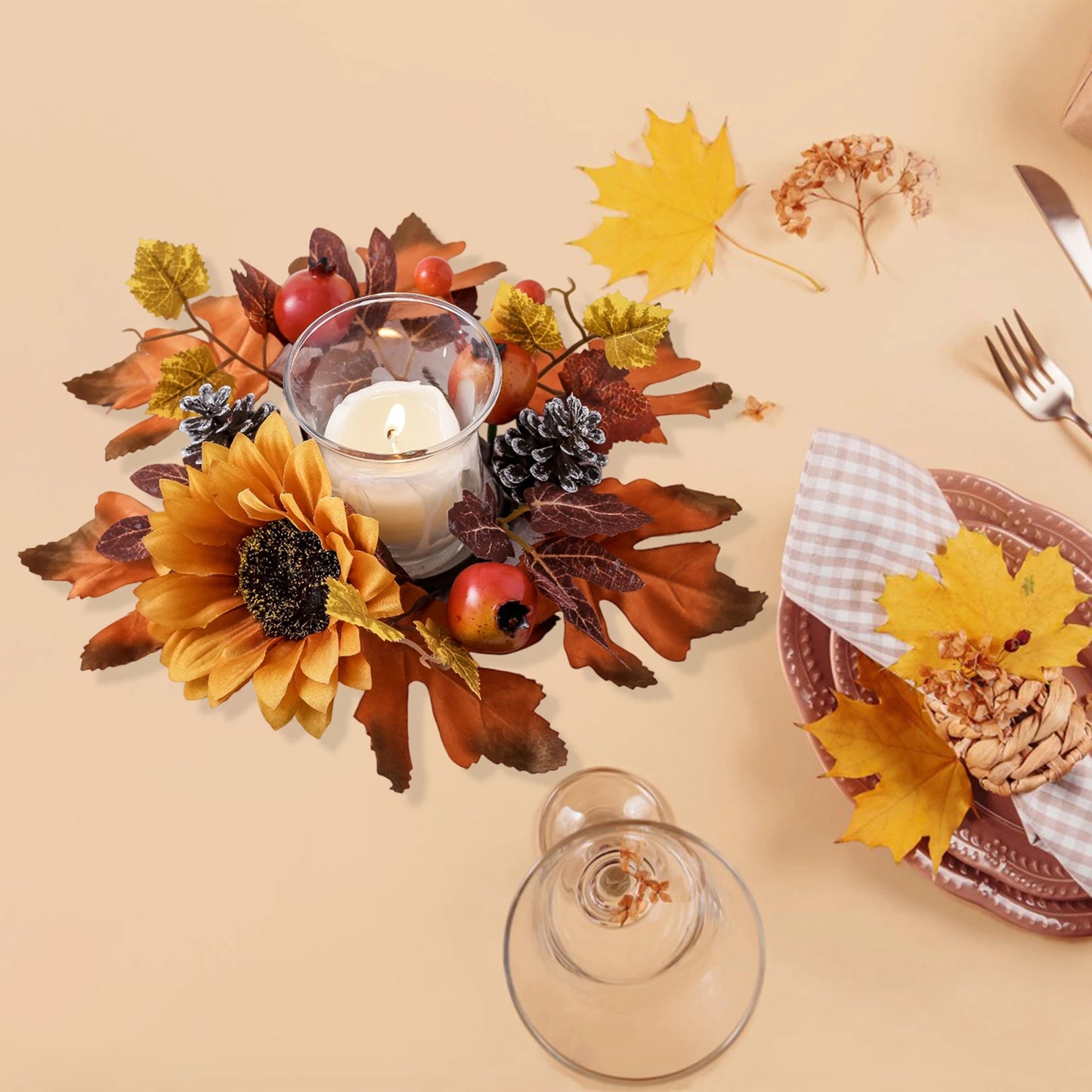 Harvest Pumpkin Spice Scented Candle Centerpiece Autumn Maple Leaf Garland Thanksgiving Table Decoration