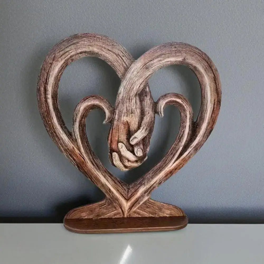 Valentines Day Gift Heart Holding Hands Art Sculpture Desk Decoration Wooden Retro Flat Heart Holding Hands Statue Forever Love