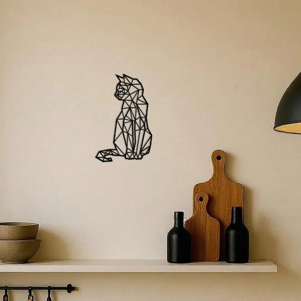 Boho Chic Wrought Iron Cat Wall Decor - Modern Geometric 3D Metal Art, Handcrafted -Aesthetic Room Decor for Living Room Bedroom