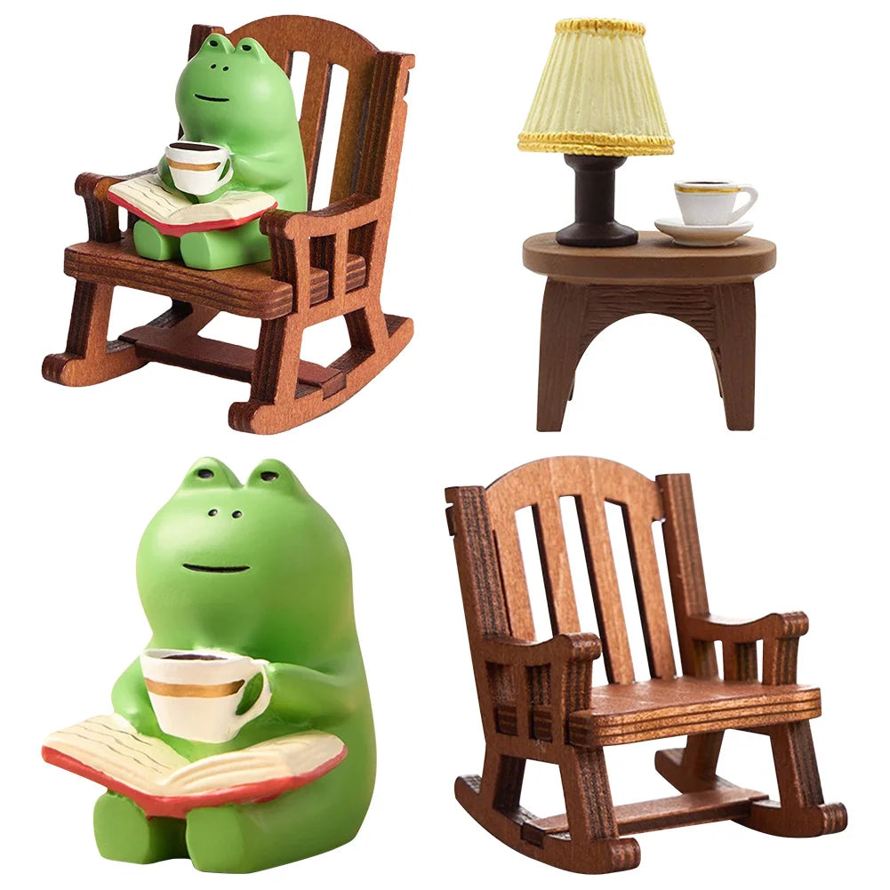 Handmade DIY Micro Rocking Chair Rocking Chair Design with Book Coffee Cute Frog Fat Miniature Home Bedroom Office Decoration