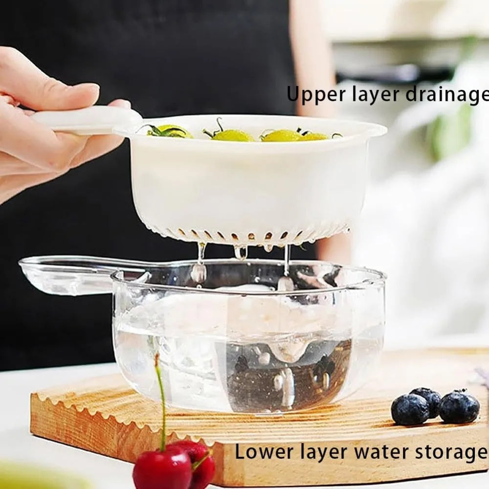 Kitchen Dual-Layer Draining Basket with Handle, Upgraded Fruit Vegetable Washing Bowl with Strainer Container, Multipurpose Port