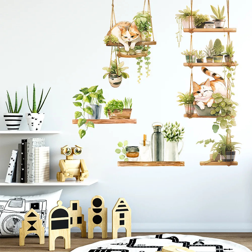 1pcs Painted Cat Green Plant Pot Home Background Wall Decoration Wall Stickers Self-Adhesive