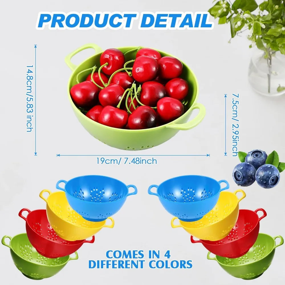 4 Pack Mini Colander for Kitchen Plastic Berry Strainer with Double Handles 7.5 x 6 x 3 Inch Small Colander Strainer for Fruits