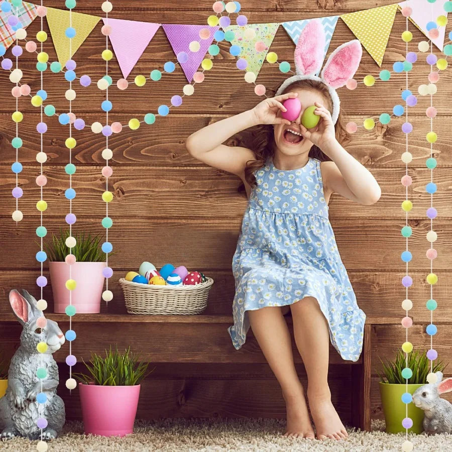 3pk Pastel Pom Pom Garland Easter Decorations Spring Home Decor Indoor Living Room Wall Classroom Xmas Tree Cute Hanging Rainbo