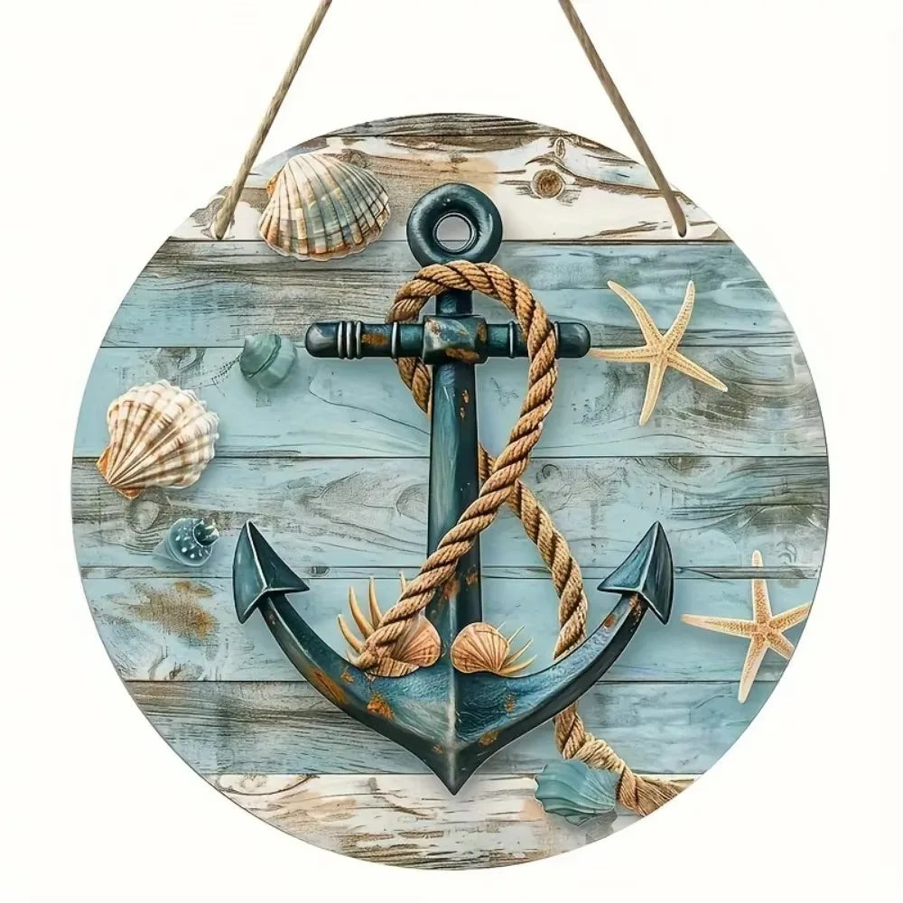 Rustic Round Wreath Sign - Aluminum Beach-Inspired Decor | Ocean Theme for Home|Weatherproof Metal, Nautical Wreath Design