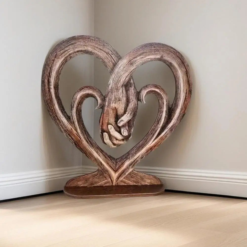 Valentines Day Gift Heart Holding Hands Art Sculpture Desk Decoration Wooden Retro Flat Heart Holding Hands Statue Forever Love