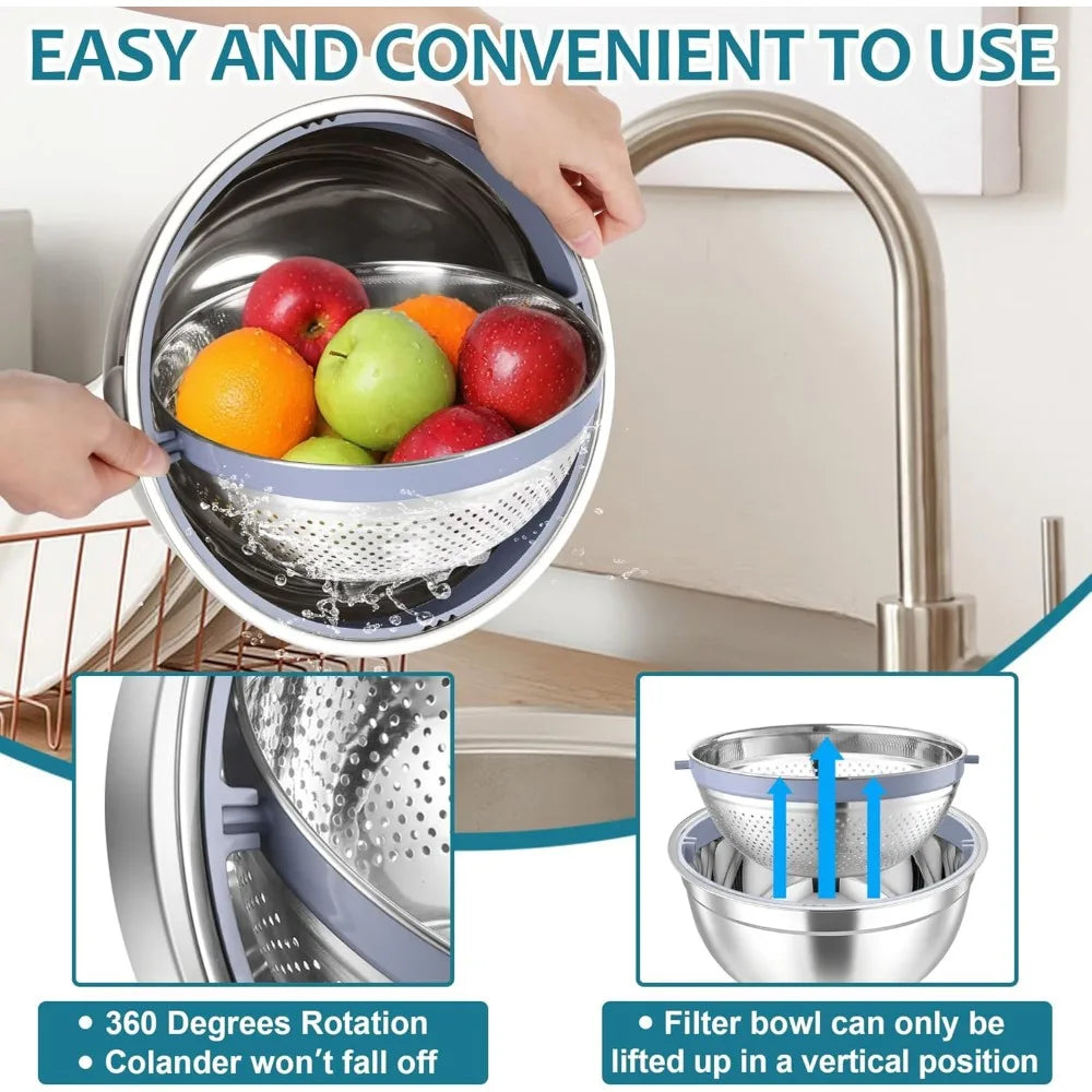E-far Colander with Mixing Bowl Set, 4-1 Stainless Steel Colander Strainers Bowl with Graters for Kitchen, Rotatable Food Strain
