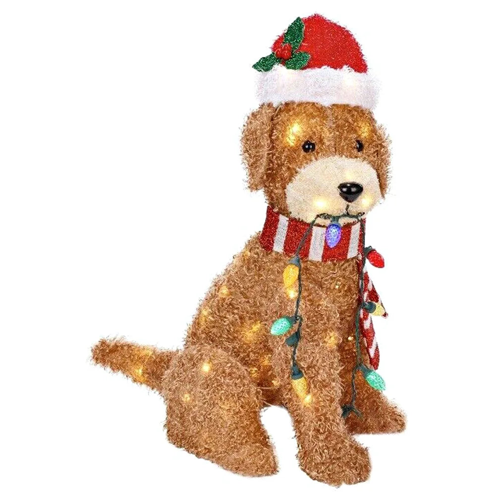 Mimic Dog Shape Sign Waterproof Light Up Puppy Figurine Wearing Xmas Hat Acrylic for Home Garden Front Pathway Walkway