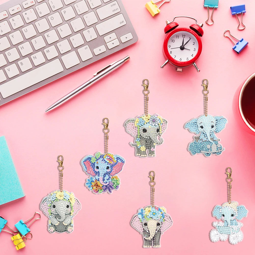 6PCS Double Sided Diamond Art Keyring Baby Elephant Rhinestone Painting Keychain Pendant Puppy for Adult Kid Purse Handbag Decor