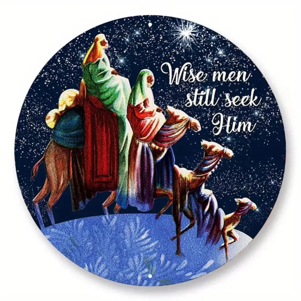 1PC Round Nativity Scene Metal Wall Art -2D "Wise Men Still Seek Him"Vintage Religious Sign|Retro Holiday Plaque for Home,Church
