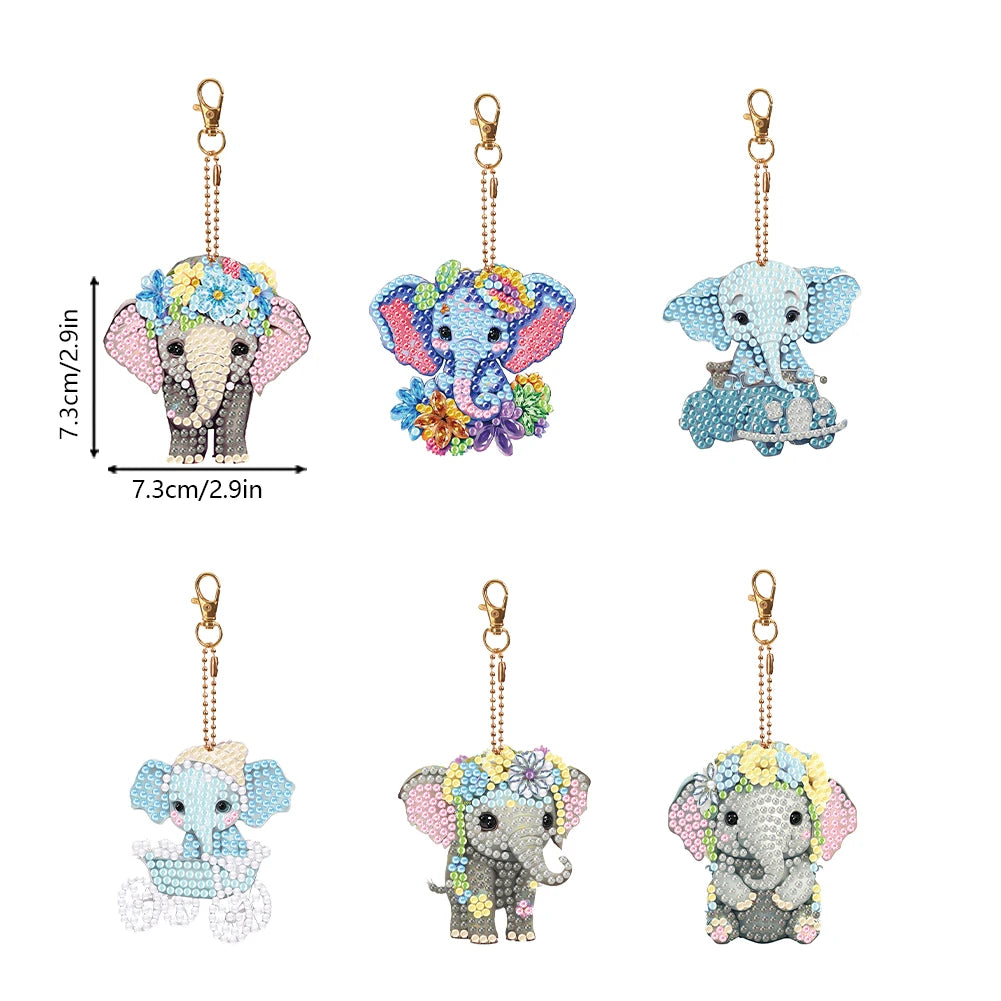 6PCS Double Sided Diamond Art Keyring Baby Elephant Rhinestone Painting Keychain Pendant Puppy for Adult Kid Purse Handbag Decor