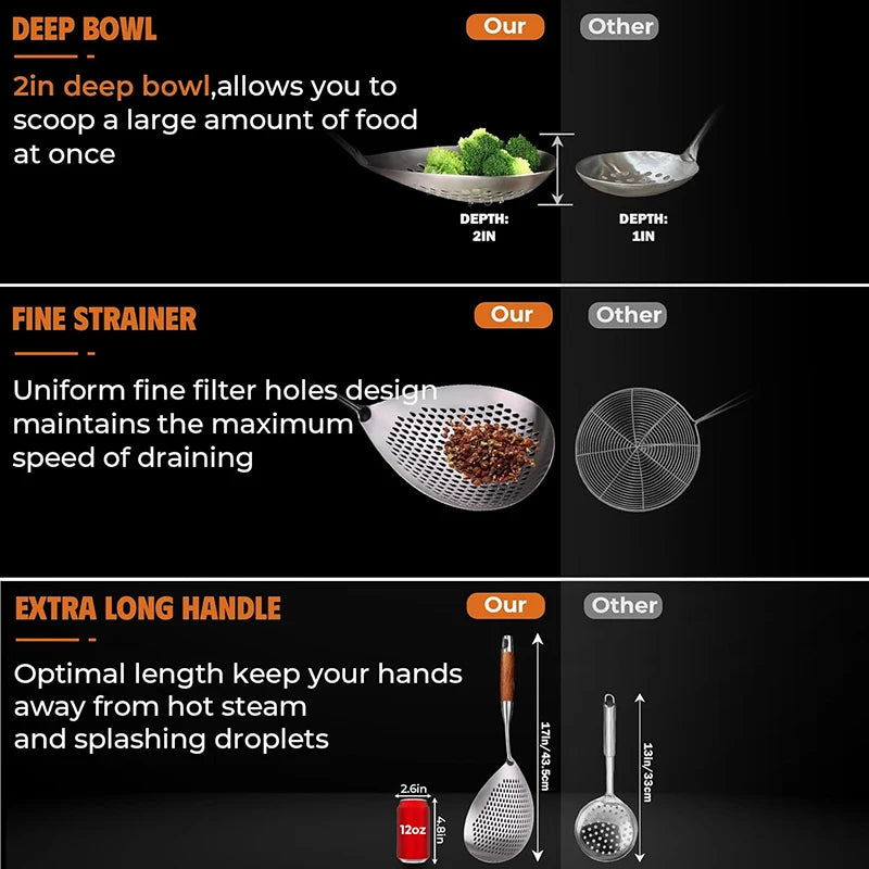 Stainless Steel Fine-Mesh Skimmer - Short Handle Scoop Strainer for Dumpling Soup, Stew & Cooking kitchen utensils