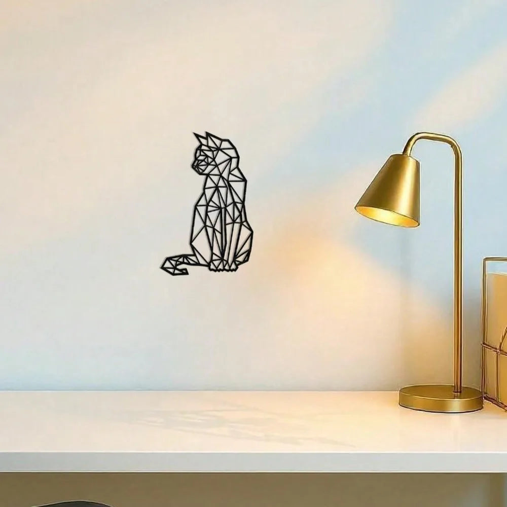 Boho Chic Wrought Iron Cat Wall Decor - Modern Geometric 3D Metal Art, Handcrafted -Aesthetic Room Decor for Living Room Bedroom