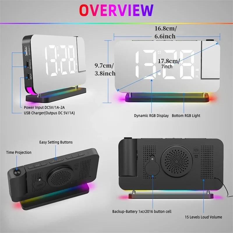 180° Projection Alarm Clock with RGB Mood Light FM Radio 6 Levels Volume Table Clock 12H/24H 2 USB Output Port LED Digital Clock