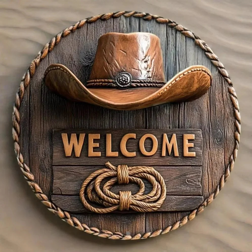 Western "Welcome" Decor with Cowboy Elements – Distressed Wood/Metal | Perfect Home Wall Art