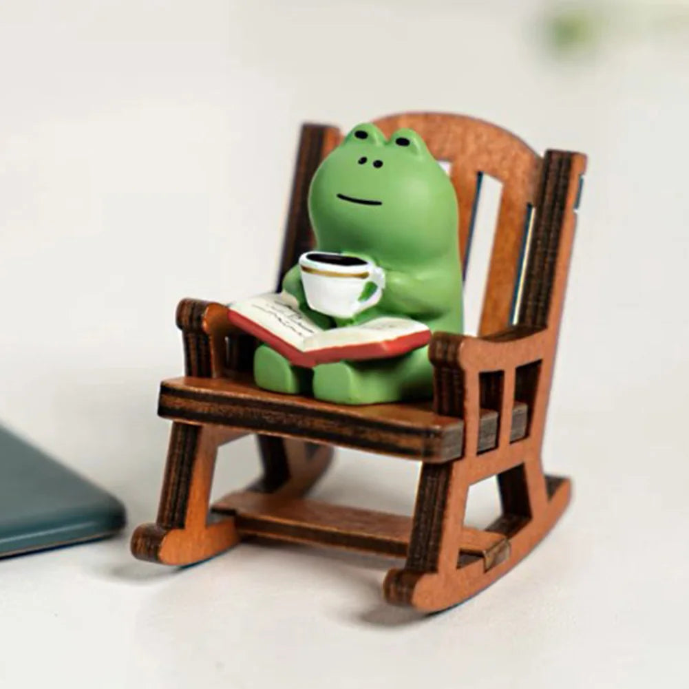 Handmade DIY Micro Rocking Chair Rocking Chair Design with Book Coffee Cute Frog Fat Miniature Home Bedroom Office Decoration