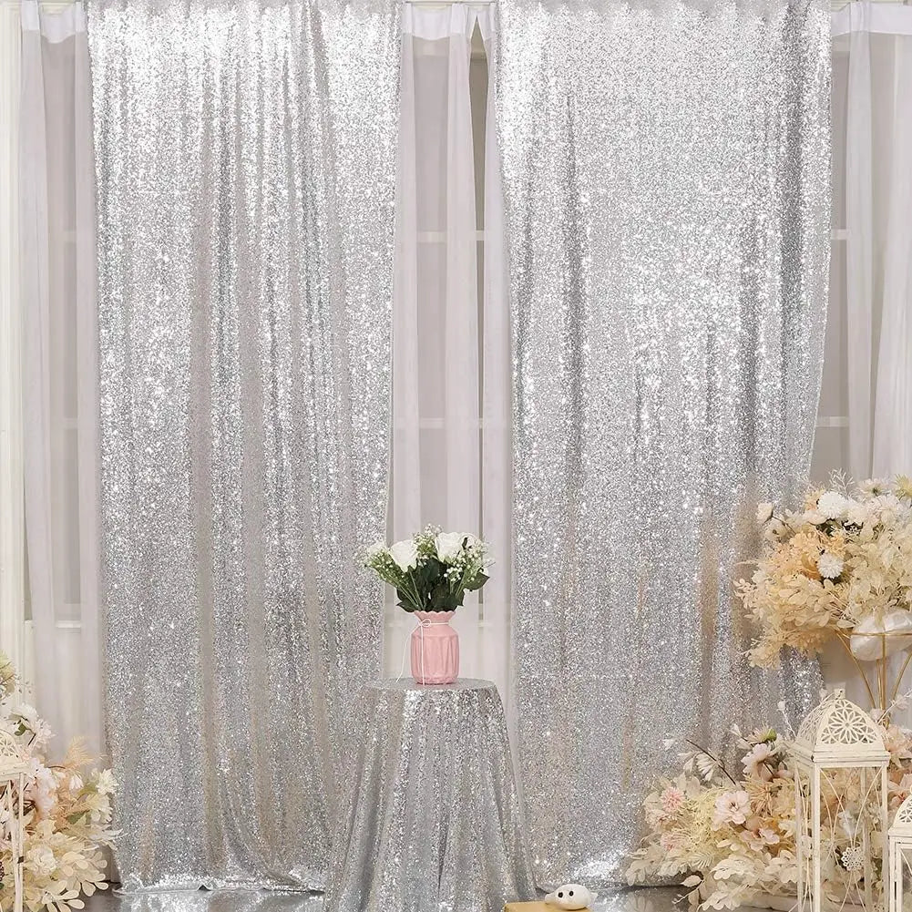 Silver Sequin Backdrop Curtains 8 Panels 2FTx8FT Wedding Photo Backdrop Glitter Birthday Bridal Party Curtains Sparkle Backgroun