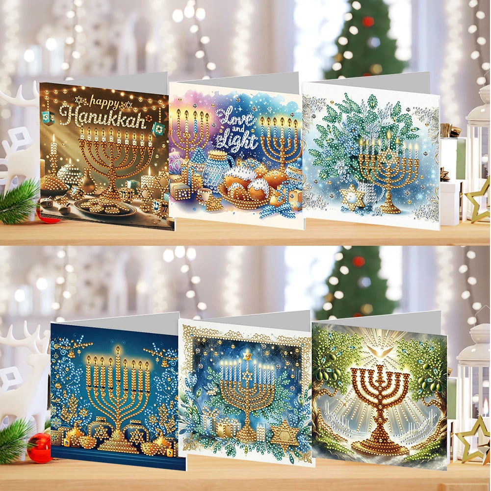 6PCS DIY Diamond Painting Greeting Card Set Hanukkah Pattern Diamond Art Greeting Cards for Birthdays Thanksgiving and Holidays