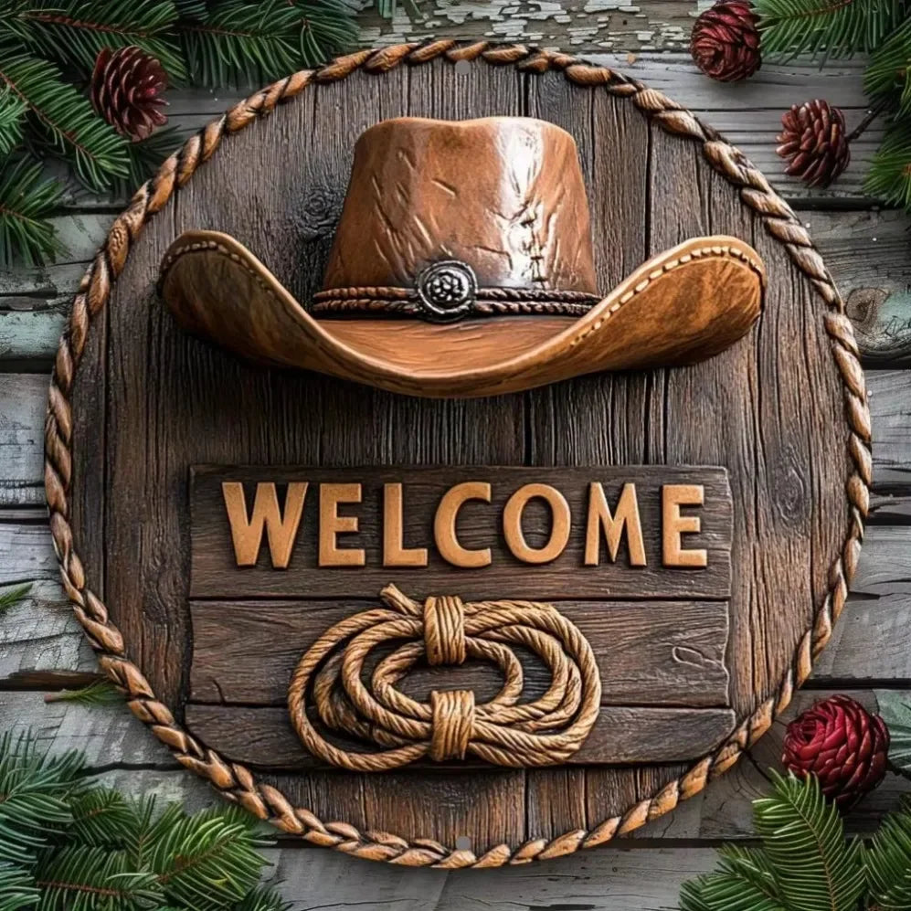 Western "Welcome" Decor with Cowboy Elements – Distressed Wood/Metal | Perfect Home Wall Art
