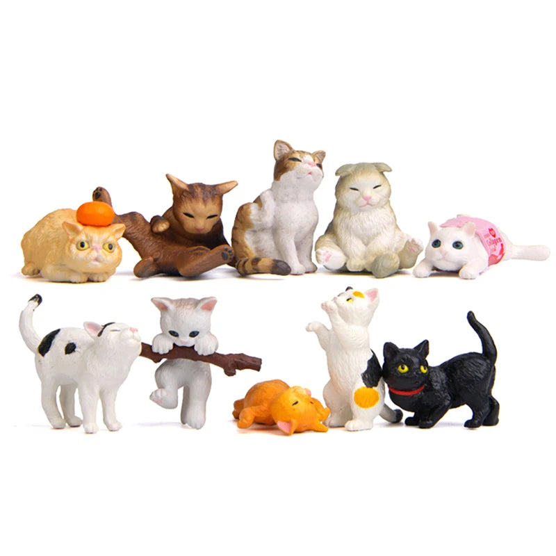 10pcs/set Cute Cat Miniature Ornaments Kitten Figurines Model Birthday Gifts For Kids Children Desk Car Home Decoration