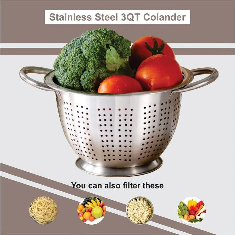 Stainless Steel Colander 3QT Strainer Draining Rinsing Pasta Fruits Vegetables Kitchen Tool Dishwasher Safe Durable Handles