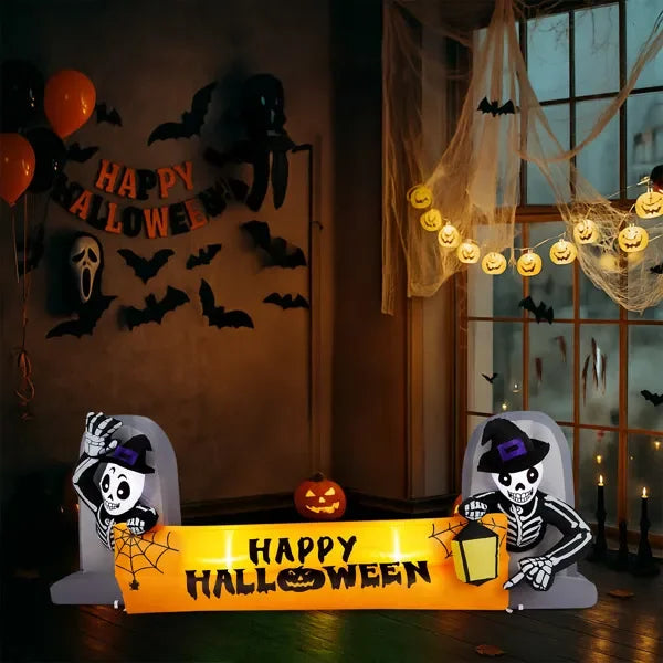 9.6T Halloween Inflatable Skeleton Tombstone Banner, Outdoor Yard Decor with Built-in LEDs