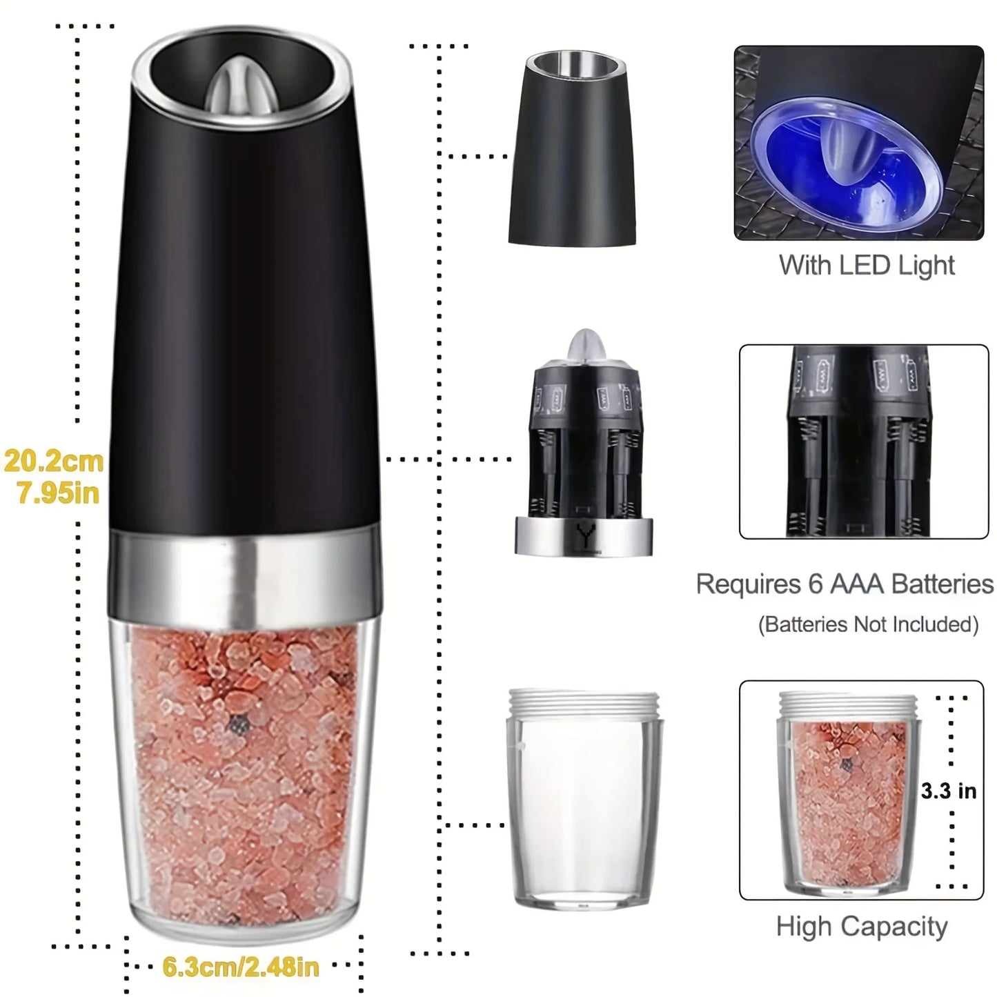 2-piece Automatic Seasoning Grinder, Adjustable Thickness,Battery powered, used for grinding spices such as pepper and sea salt