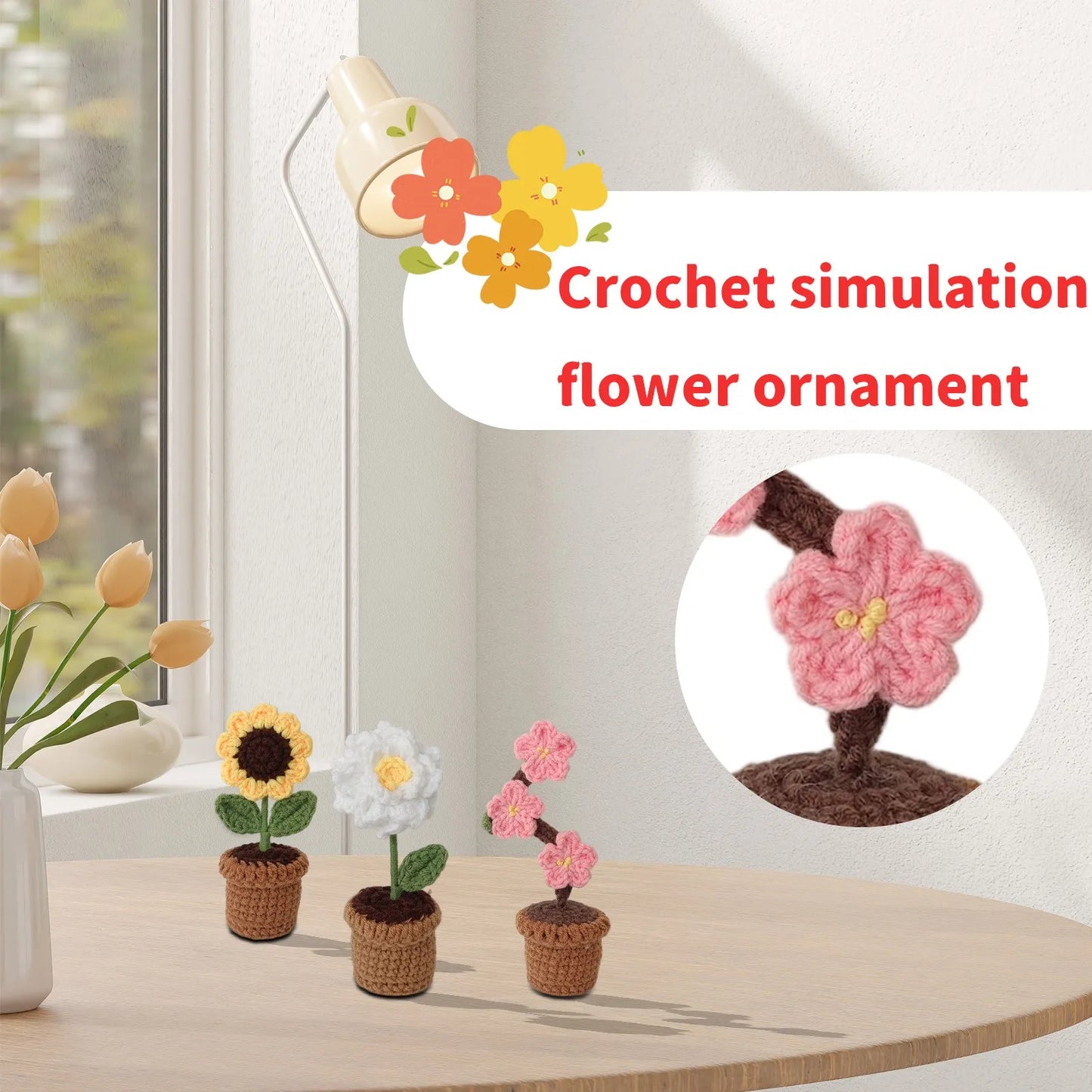 New Hand Knitting Potted Plants Handwoven Rose Sunflower Tulip Crochet Flower Bouquet Potted Ornament Table Home Room Decoration