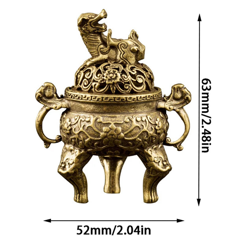 Antique Brass Three Legs Qilin Head Lotus Chinese Ancient Beast Censer Solid Copper Tea Desk Decor Censer Burner Mini Ornaments