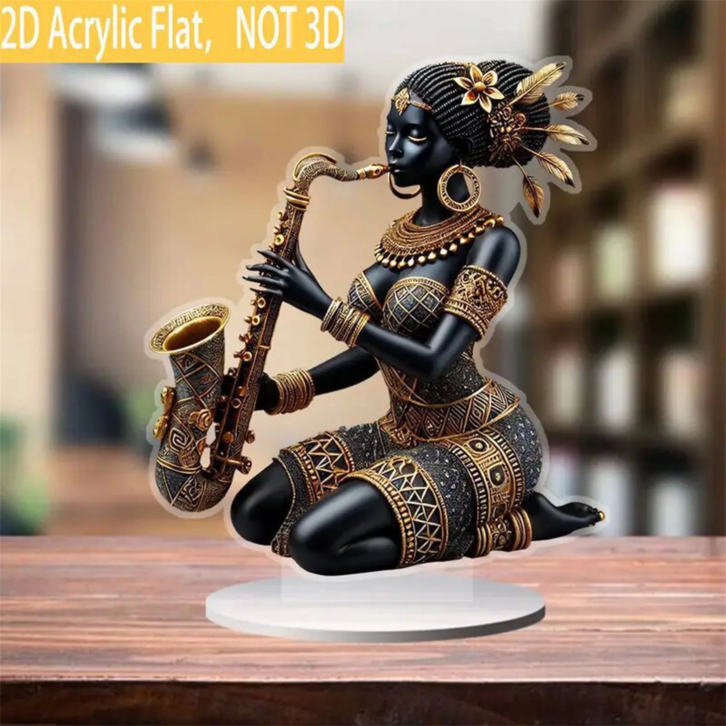 African Lady Figurine Sculpture with Saxophone Musical Instrument Handcrafted Tribal Art Statue for Home Office Decor and