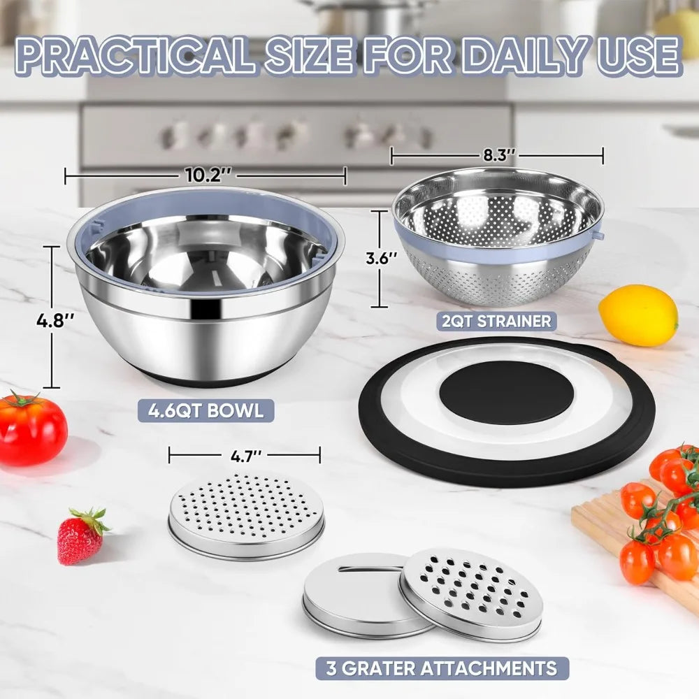 4-1 Colander with Bowl Set, Rotatable Colander for Kitchen, Stainless Steel Food Strainers and Colanders Mixing Bowl with Grate