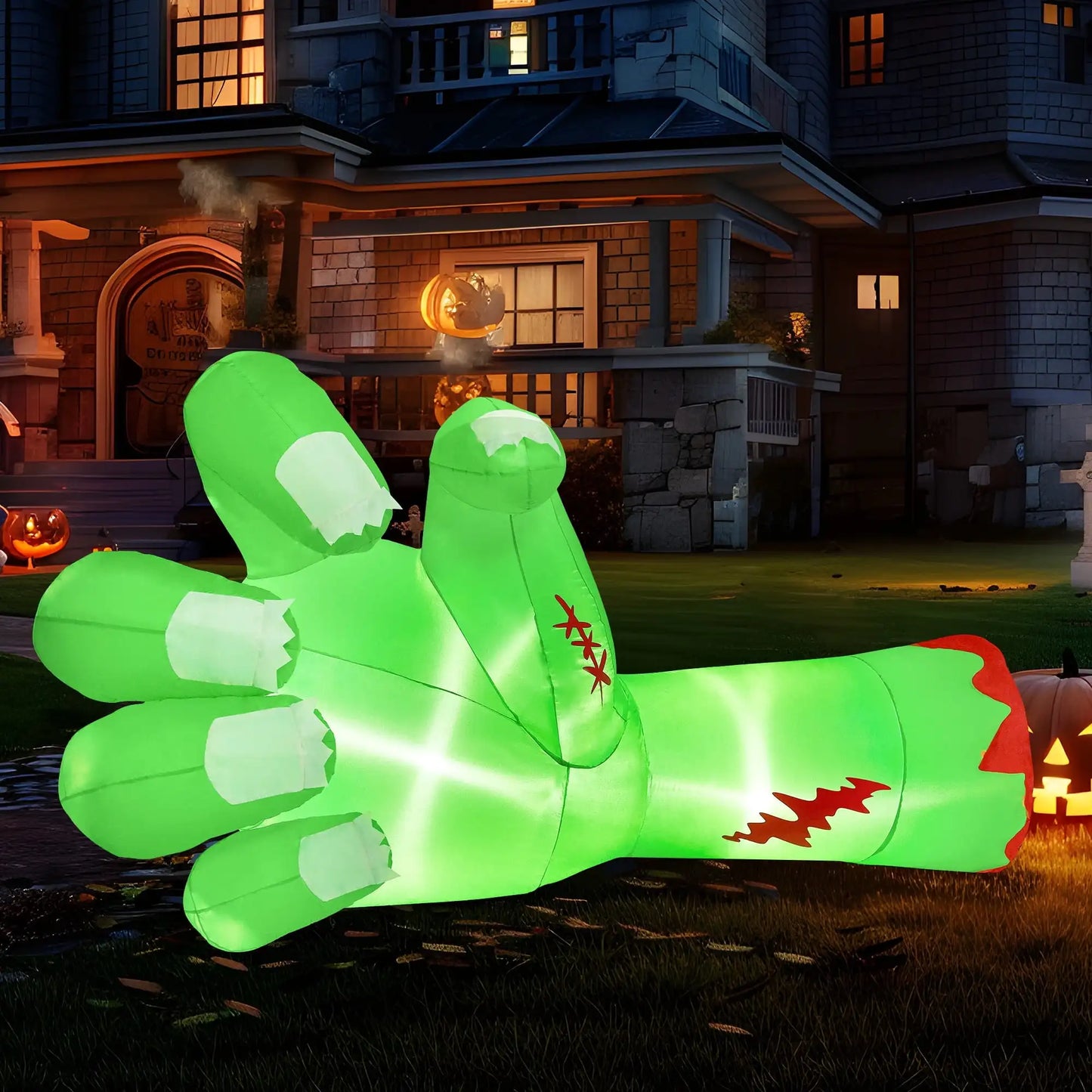 Joyfy 9ft Halloween Inflatables Broken Hand Giant Zombie Arm Outdoor Decoration with Built-in LEDs Scary Green Giant Hand