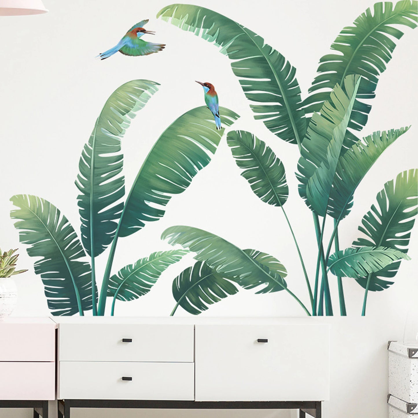 Tropical Palm Leaf Wall Stickers Set of 2 Exotic Green Plant Decals for Living Room Bedroom Office Decor Removable Nature Art