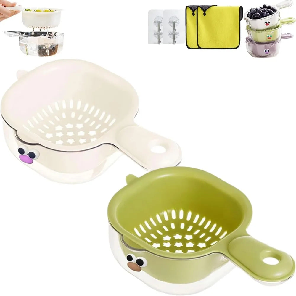 Kitchen Dual-Layer Draining Basket with Handle, Upgraded Fruit Vegetable Washing Bowl with Strainer Container, Multipurpose Port